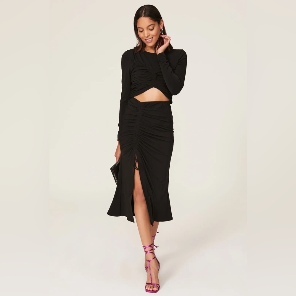 CINQ À SEPT Black Stella Ruched Midi Skirt size Medium